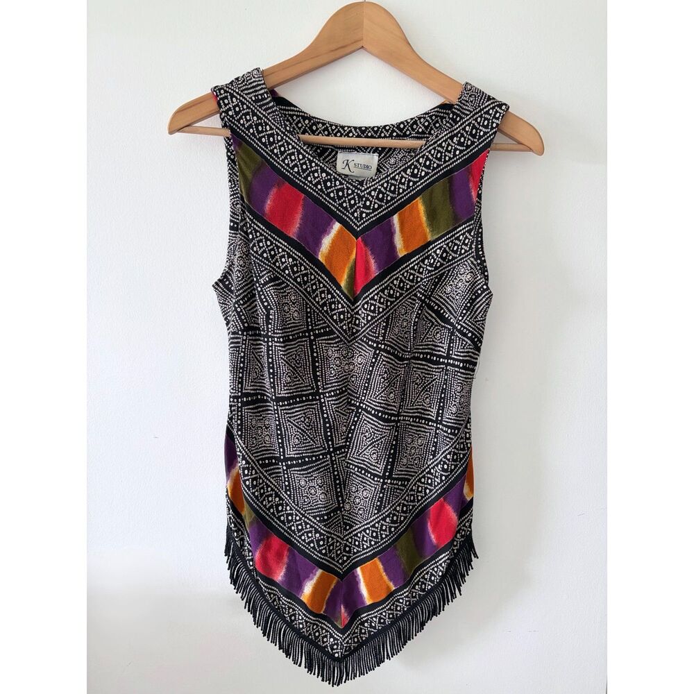K STUDIO Vintage 90s Black Fringe Asymmetrical Geometric Tank Top Boho Womens 8